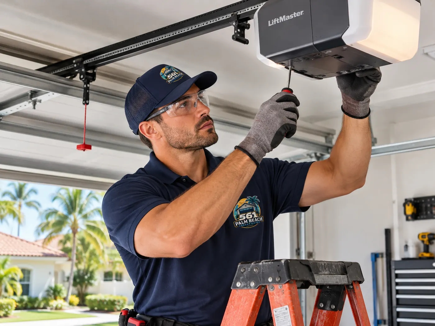 Technician checking the wiring on a ceiling-mounted garage door opener