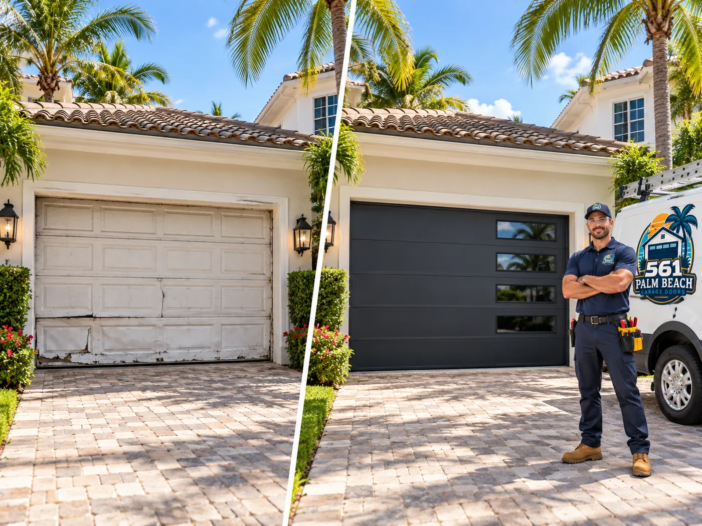 Before and after: a cracked white garage door, and the same garage with a new dark modern door and the 561 technician