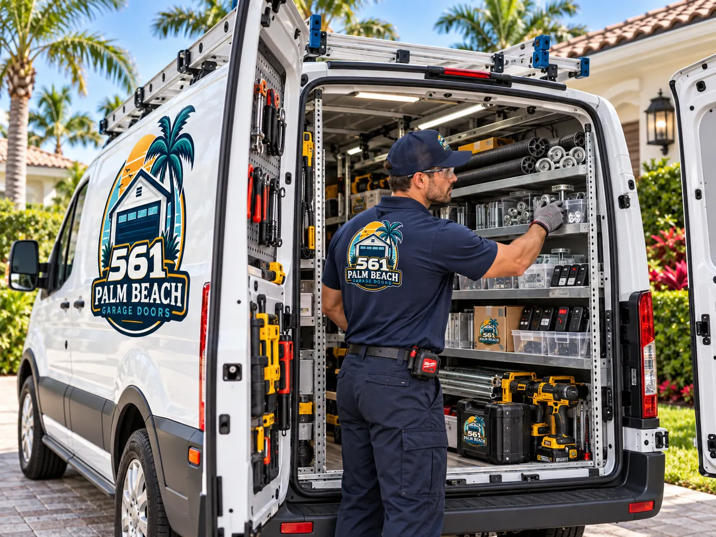 Technician reaching into a fully stocked 561 van with shelves of springs, rollers and openers