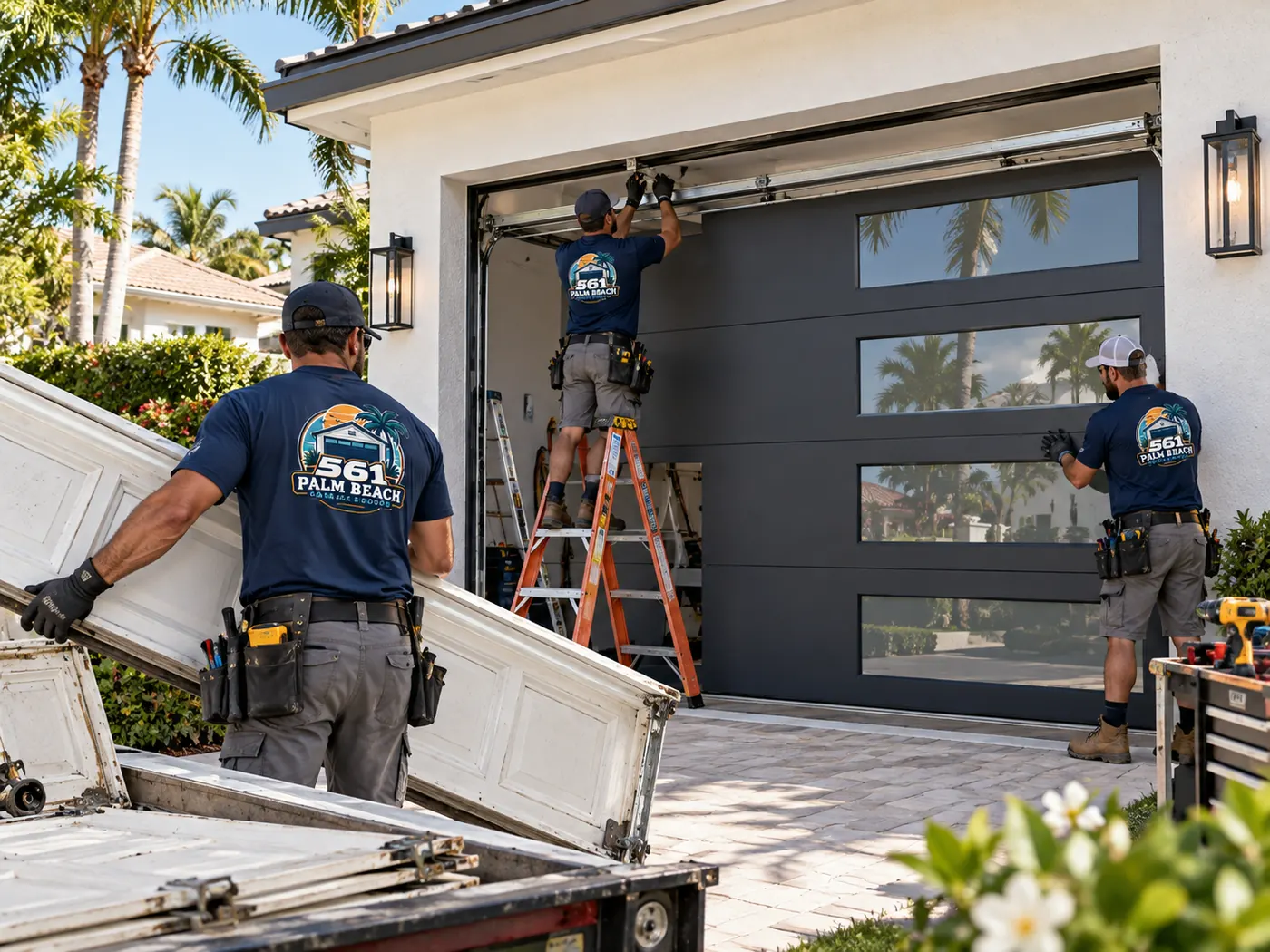 Three 561 technicians working on a garage door installation with tracks and springs exposed
