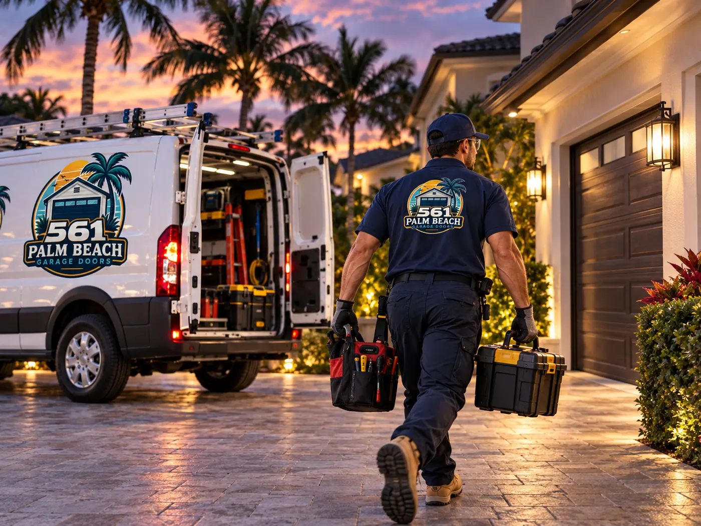 561 technician walking toward a garage at dusk carrying two tool bags, the lit-up van open behind him