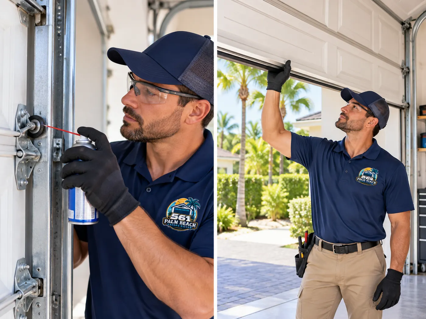 Technician in safety glasses lubricating garage door hinges and rollers