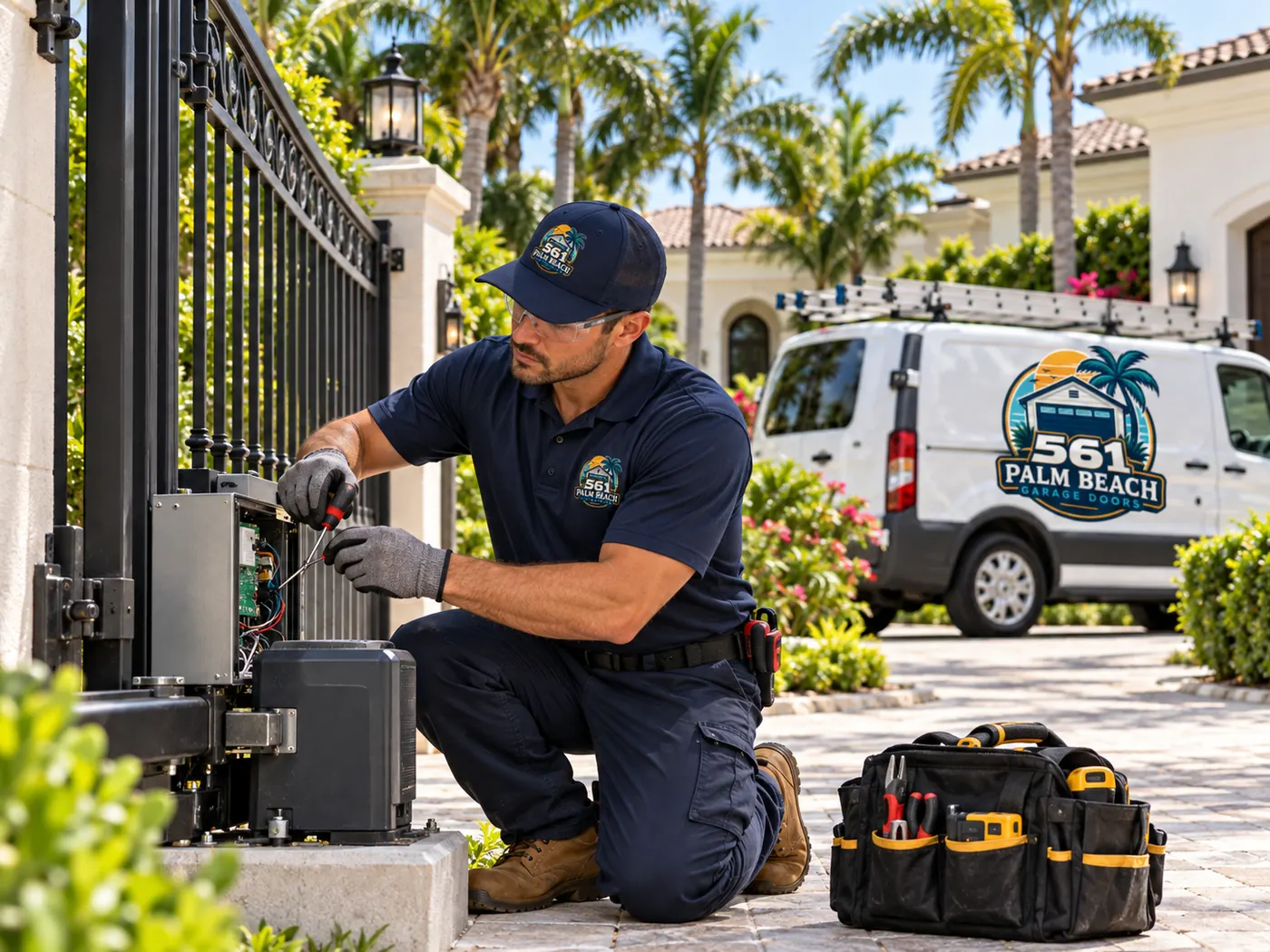 561 technician kneeling at a driveway gate operator box, wiring the control board