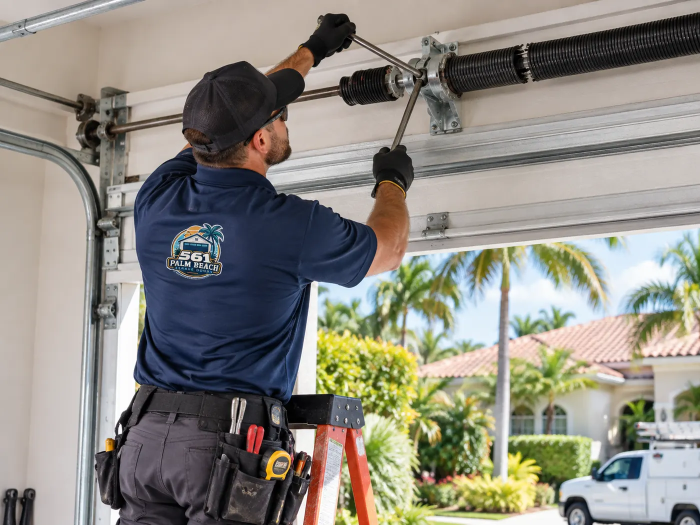 Technician on a ladder adjusting the torsion spring above an open garage door