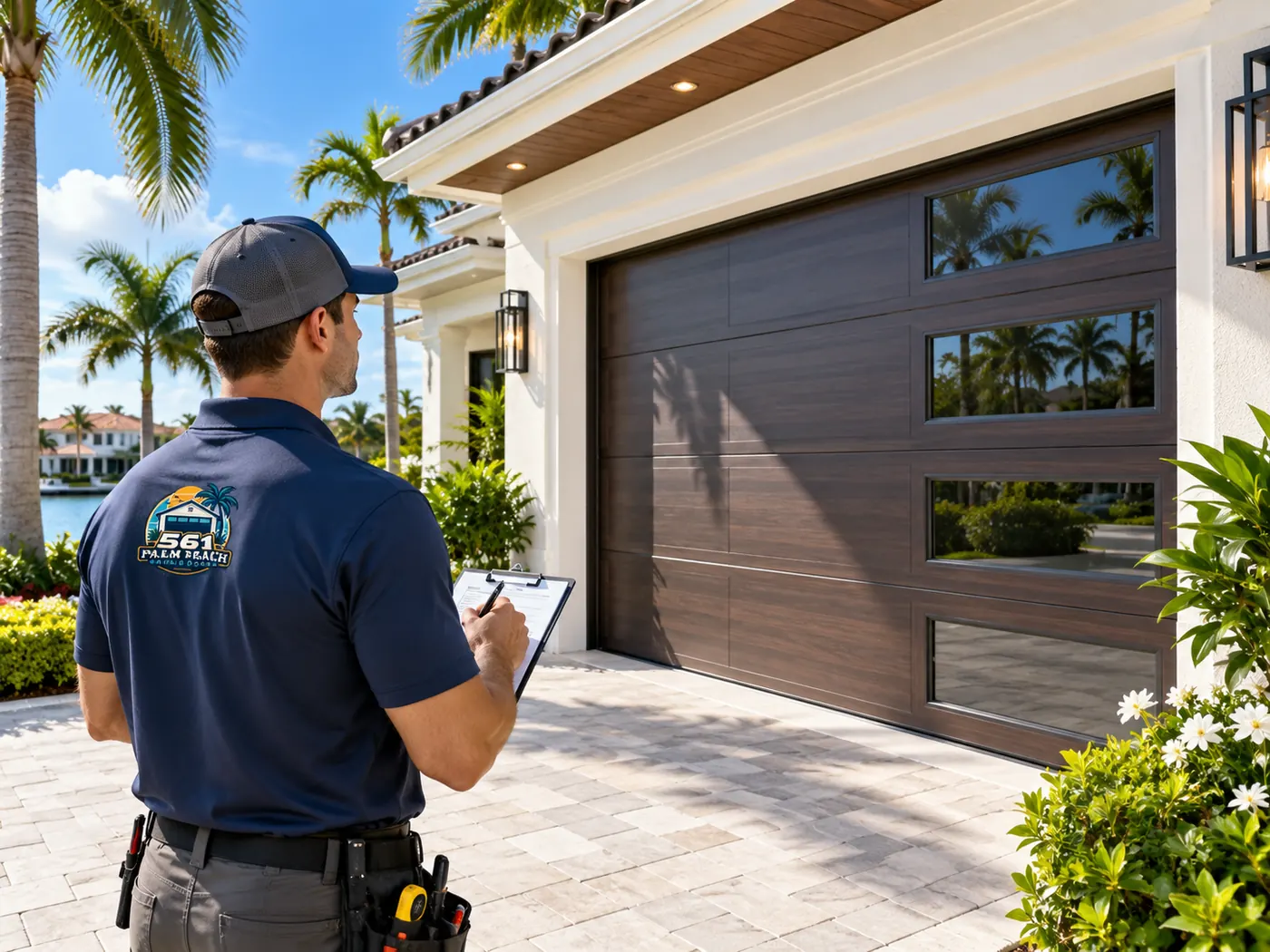 Technician with a clipboard inspecting a modern brown garage door with glass windows